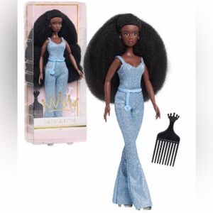Stylish Doll with Black Hair and Sparkling Blue Jumpsuit